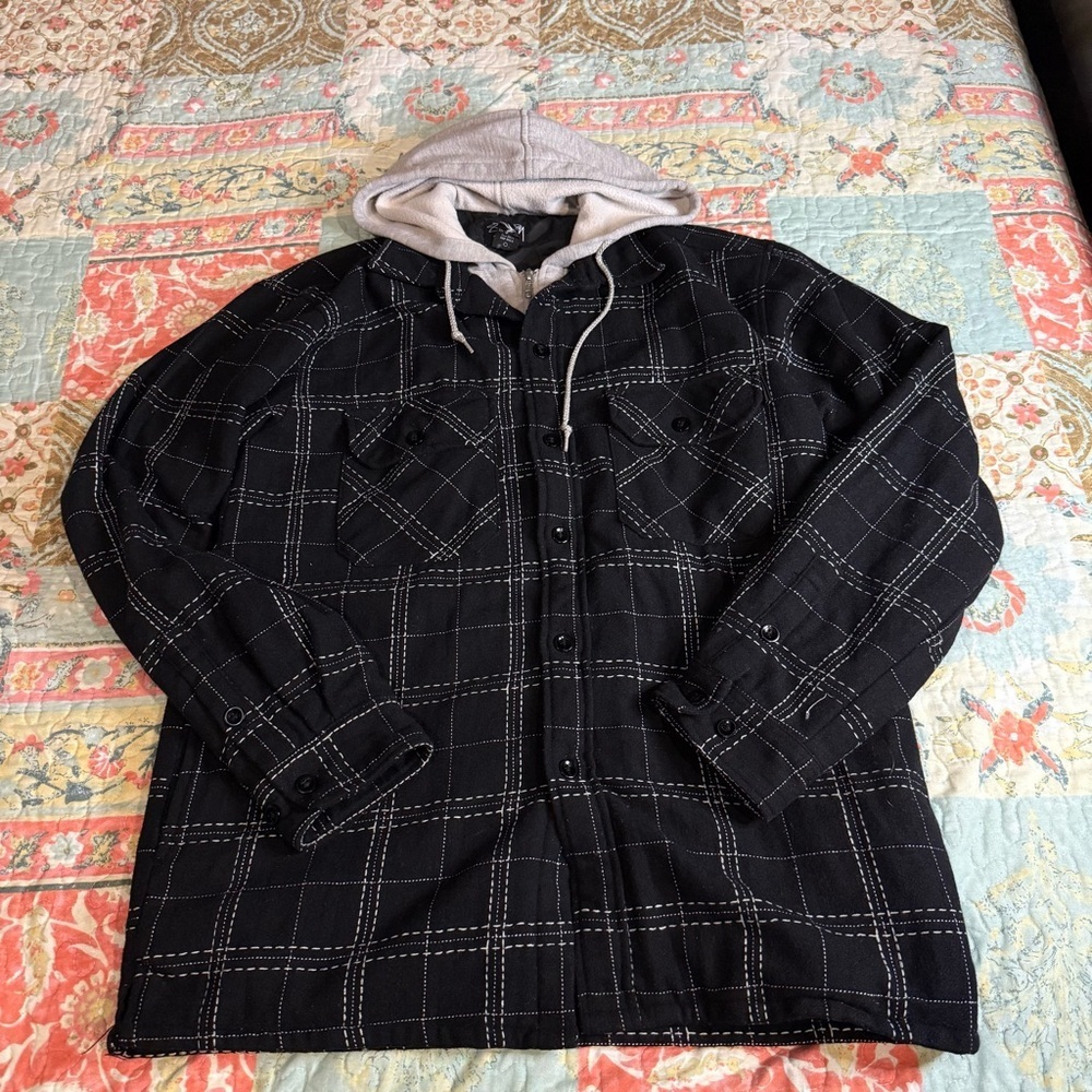 Stussy Black and White Plaid Quilted Lined Hooded Shirt Jacket Wool Cotton sz L - Picture 6 of 10